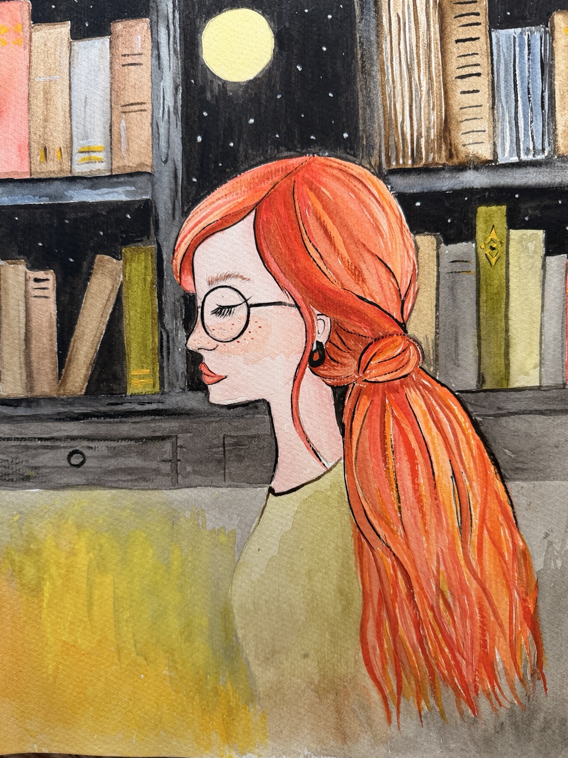 A Bookish Evening: original artwork photographed on paper