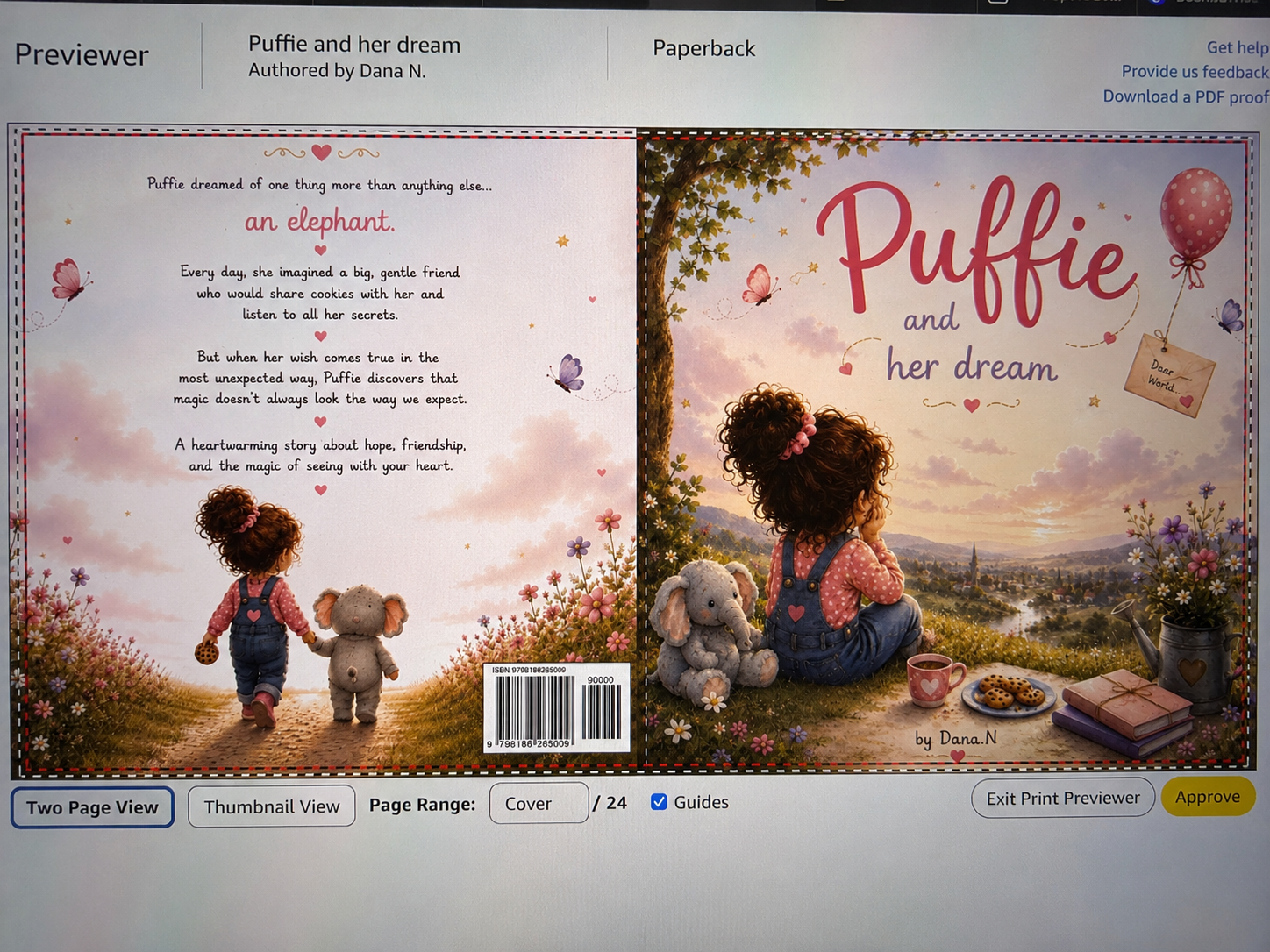Puffie and her dream, by Dana N.: a girl and a little elephant beneath a pastel sky